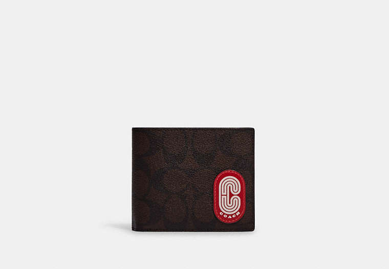COACH®,3-IN-1 WALLET IN COLORBLOCK SIGNATURE CANVAS WITH COACH PATCH,Signature Coated Canvas,Mini,Gunmetal/Mahogany/Bright Cardinal,Front View