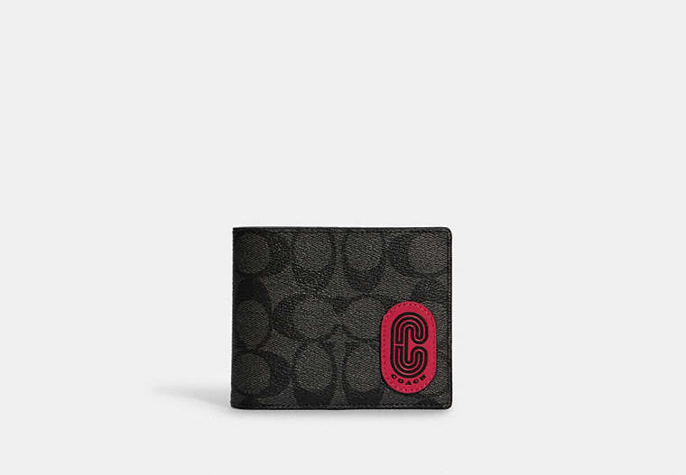 COACH®,3-IN-1 WALLET IN COLORBLOCK SIGNATURE CANVAS WITH COACH PATCH,Signature Coated Canvas,Mini,Gunmetal/Charcoal/Denim Multi,Front View