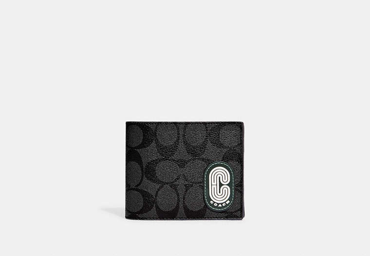 COACH®,3-IN-1 WALLET IN COLORBLOCK SIGNATURE CANVAS WITH COACH PATCH,Signature Coated Canvas,Mini,Black Antique Nickel/Charcoal/Amazon Green,Front View