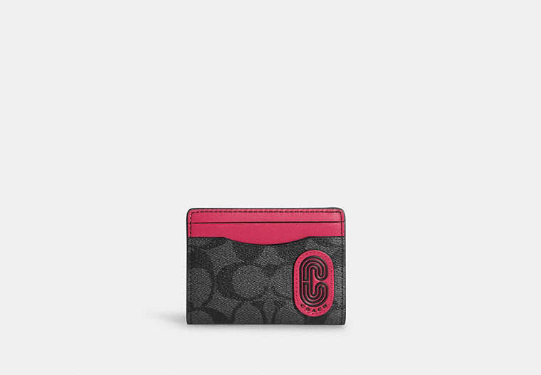 COACH®,MAGNETIC CARD CASE IN COLORBLOCK SIGNATURE CANVAS WITH COACH PATCH,Mini,Gunmetal/Charcoal/Denim Multi,Front View