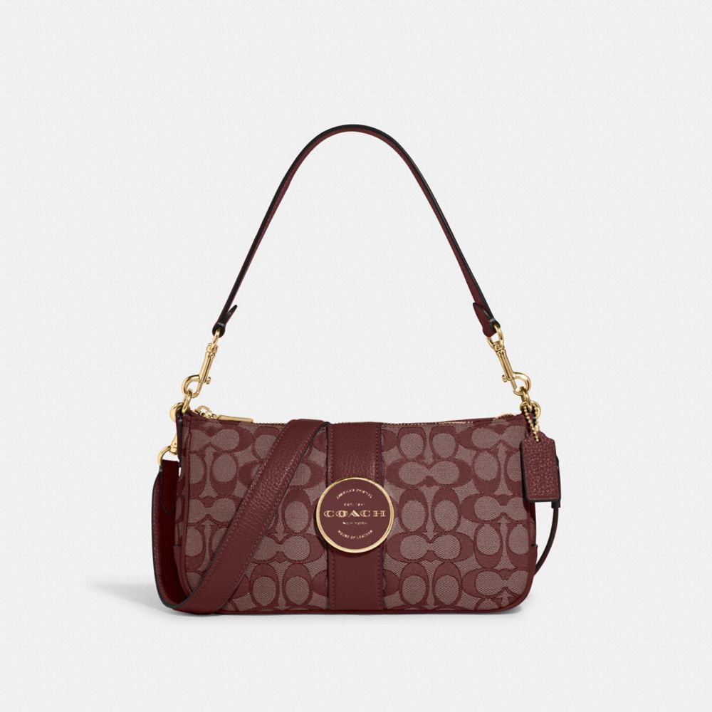 COACH®,LONNIE BAGUETTE IN SIGNATURE JACQUARD,Non Leather,Large,Gold/Wine,Front View