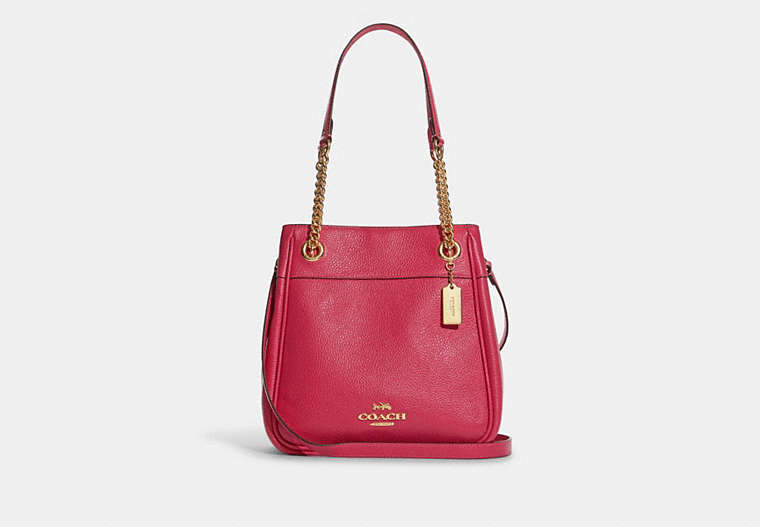 COACH®,CAMMIE CHAIN BUCKET BAG,Pebbled Leather,Large,Gold/Bold Pink,Front View