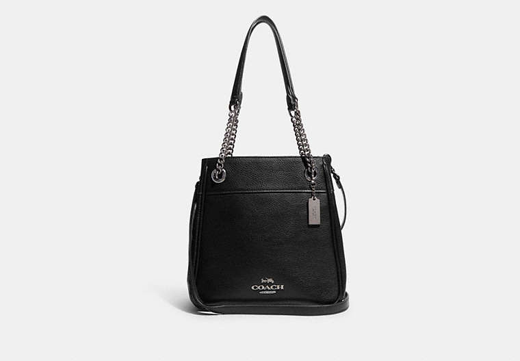 COACH®,CAMMIE CHAIN BUCKET BAG,Pebbled Leather,Large,Gunmetal/Black,Front View