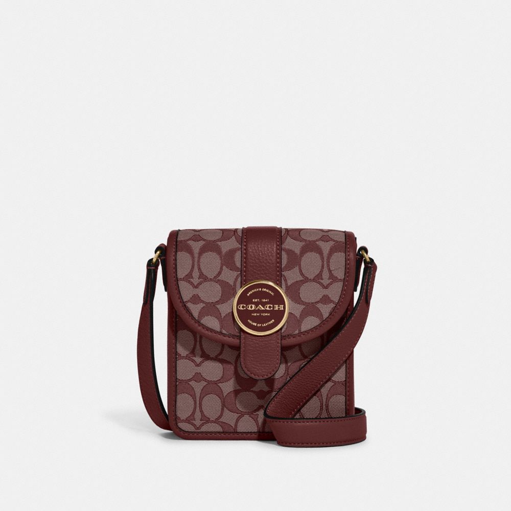 COACH®,PORTÉ-CROISÉ NORD/SUD LONNIE EN JACQUARD SIGNATURE,Or/Rouge vin multi,Front View