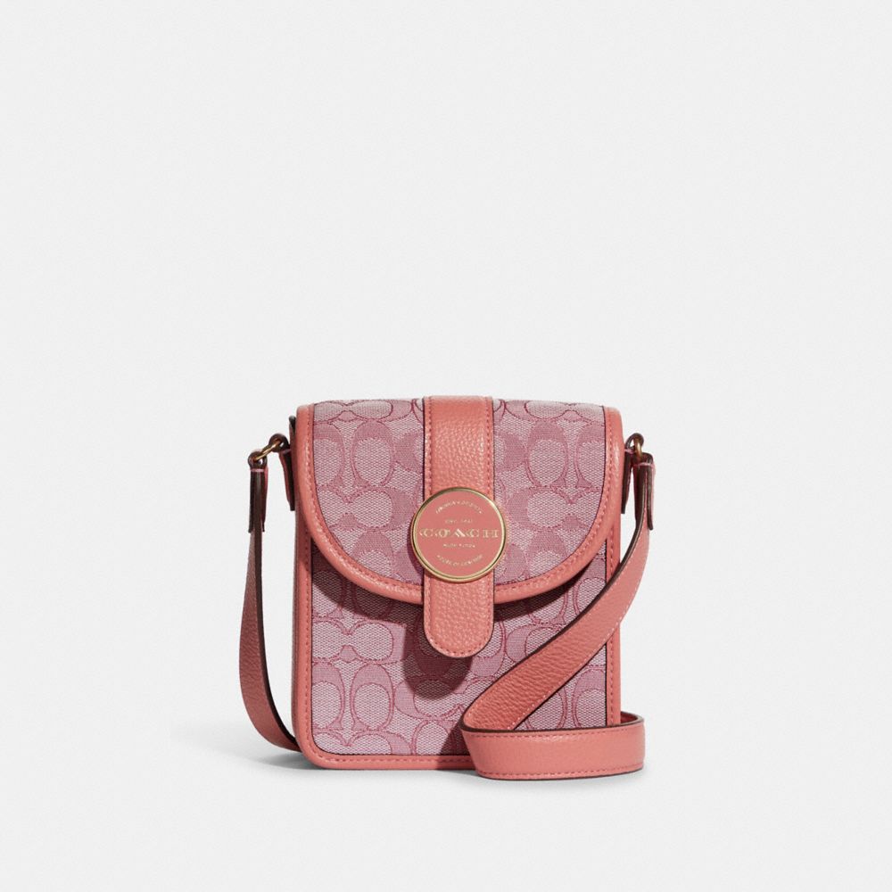 COACH®,NORTH/SOUTH LONNIE CROSSBODY IN SIGNATURE JACQUARD,Mini,Gold/Taffy,Front View