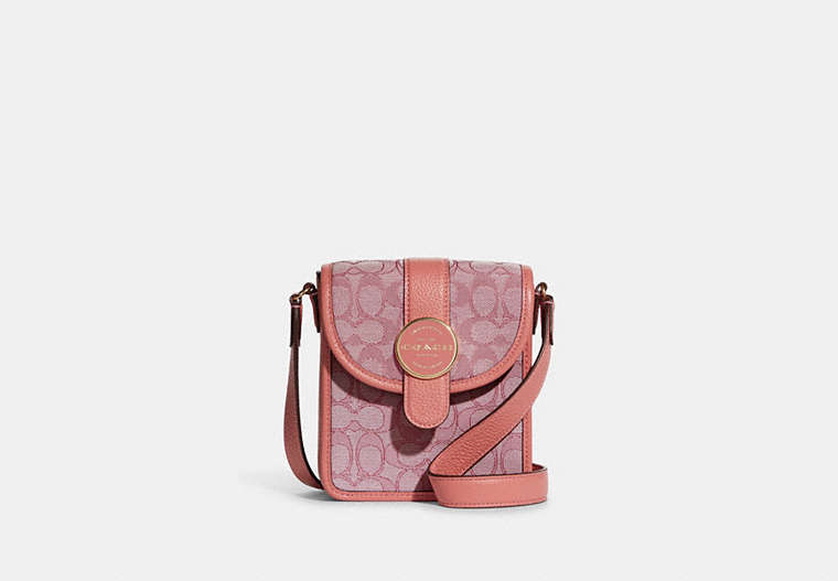 COACH®,NORTH/SOUTH LONNIE CROSSBODY IN SIGNATURE JACQUARD,Jacquard,Mini,Gold/Taffy,Front View