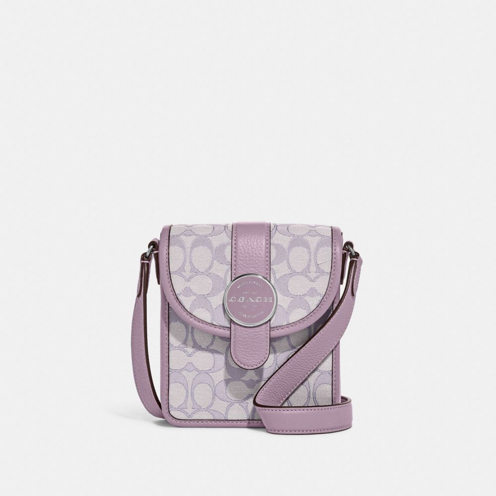 COACH®,NORTH/SOUTH LONNIE CROSSBODY IN SIGNATURE JACQUARD,Mini,Silver/Soft Lilac,Front View image number 0