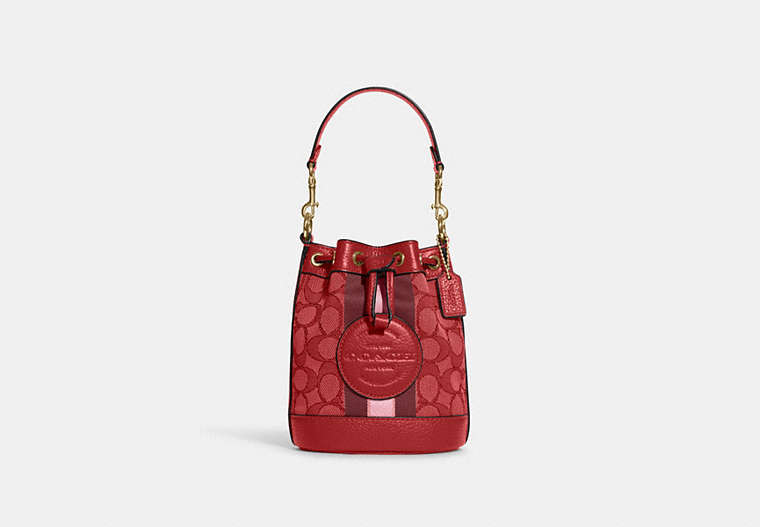 COACH®,MINI DEMPSEY BUCKET BAG IN SIGNATURE JACQUARD WITH STRIPE AND COACH PATCH,Jacquard,Mini,Anniversary,Gold/Red Apple Multi,Front View