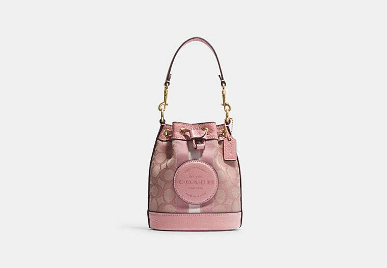 COACH®,MINI DEMPSEY BUCKET BAG IN SIGNATURE JACQUARD WITH STRIPE AND COACH PATCH,Jacquard,Mini,Anniversary,Im/True Pink Khaki Multi,Front View