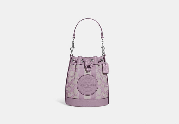 COACH®,MINI DEMPSEY BUCKET BAG IN SIGNATURE JACQUARD WITH STRIPE AND COACH PATCH,Jacquard,Mini,Anniversary,Silver/Soft Lilac,Front View
