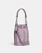 COACH®,MINI DEMPSEY BUCKET BAG IN SIGNATURE JACQUARD WITH STRIPE AND COACH PATCH,Jacquard,Mini,Anniversary,Silver/Soft Lilac,Angle View