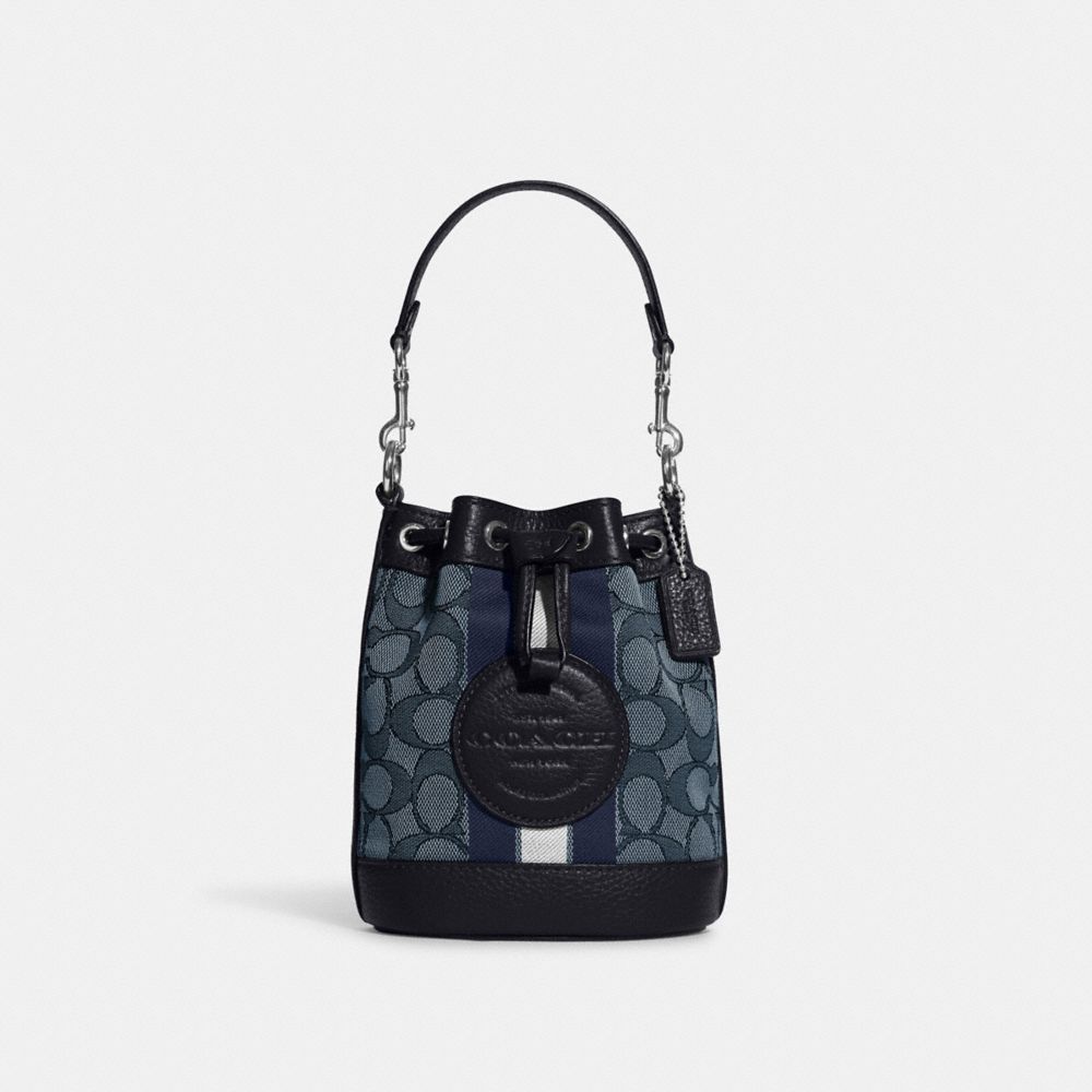 COACH®,MINI DEMPSEY BUCKET BAG IN SIGNATURE JACQUARD WITH STRIPE AND COACH PATCH,Non Leather,Mini,Anniversary,Silver/Denim/Midnight Navy Multi,Front View