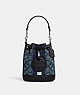 COACH®,MINI DEMPSEY BUCKET BAG IN SIGNATURE JACQUARD WITH STRIPE AND COACH PATCH,Jacquard,Mini,Anniversary,Silver/Denim/Midnight Navy Multi,Front View
