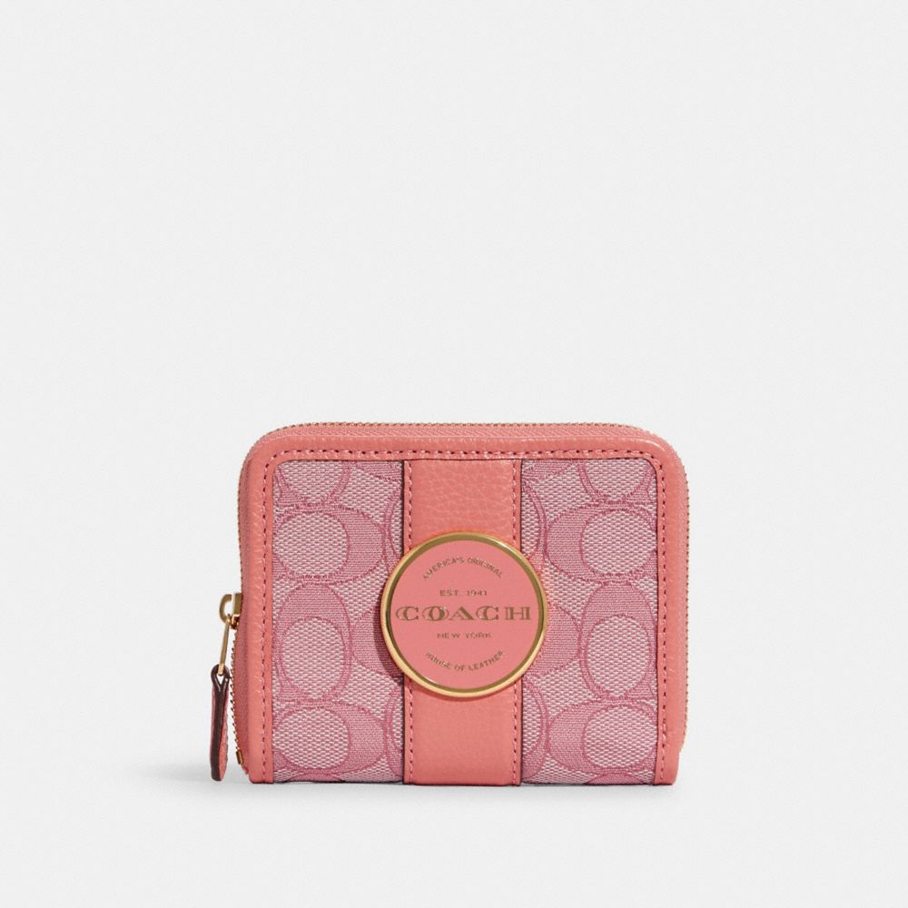 COACH®,LONNIE SMALL ZIP AROUND WALLET IN SIGNATURE JACQUARD,Non Leather,Mini,Gold/Taffy,Front View