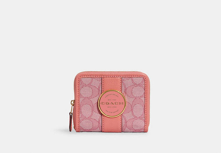 COACH®,LONNIE SMALL ZIP AROUND WALLET IN SIGNATURE JACQUARD,Jacquard,Mini,Gold/Taffy,Front View