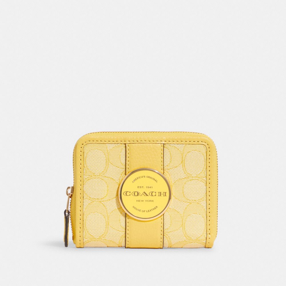 COACH®,LONNIE SMALL ZIP AROUND WALLET IN SIGNATURE JACQUARD,Non Leather,Mini,Gold/Retro Yellow,Front View