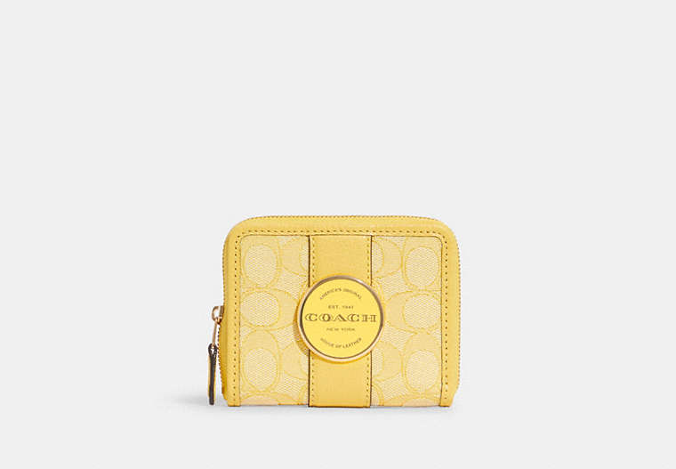 COACH®,LONNIE SMALL ZIP AROUND WALLET IN SIGNATURE JACQUARD,Jacquard,Mini,Gold/Retro Yellow,Front View
