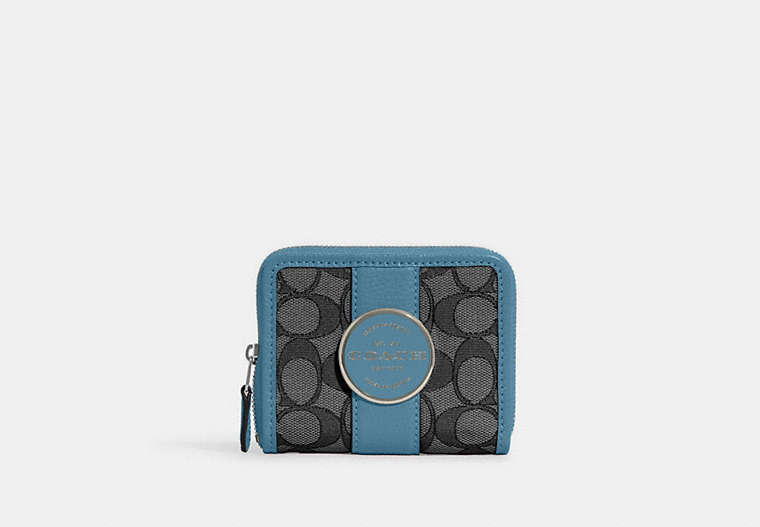COACH®,LONNIE SMALL ZIP AROUND WALLET IN SIGNATURE JACQUARD,Jacquard,Mini,Silver/Black Smoke/Pacific Blue,Front View