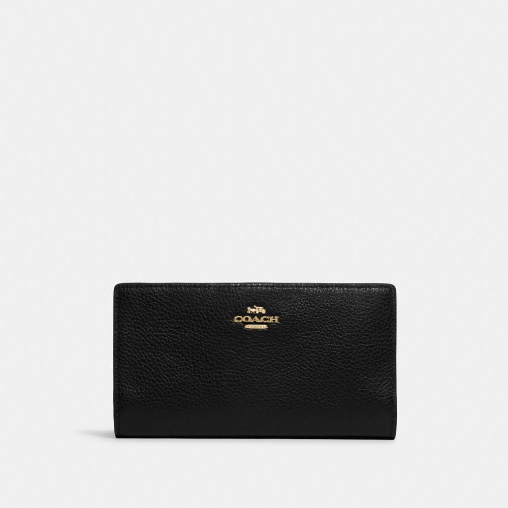 COACH®,SLIM ZIP WALLET,Pebbled Leather,Gold/Black,Front View