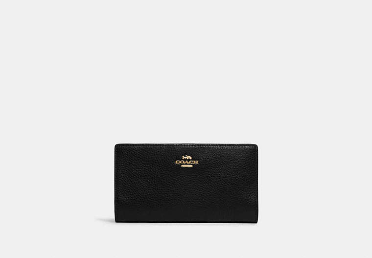 COACH®,SLIM ZIP WALLET,Pebbled Leather,Gold/Black,Front View