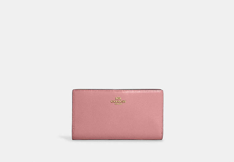 COACH®,SLIM ZIP WALLET,Pebbled Leather,Gold/Pink,Front View