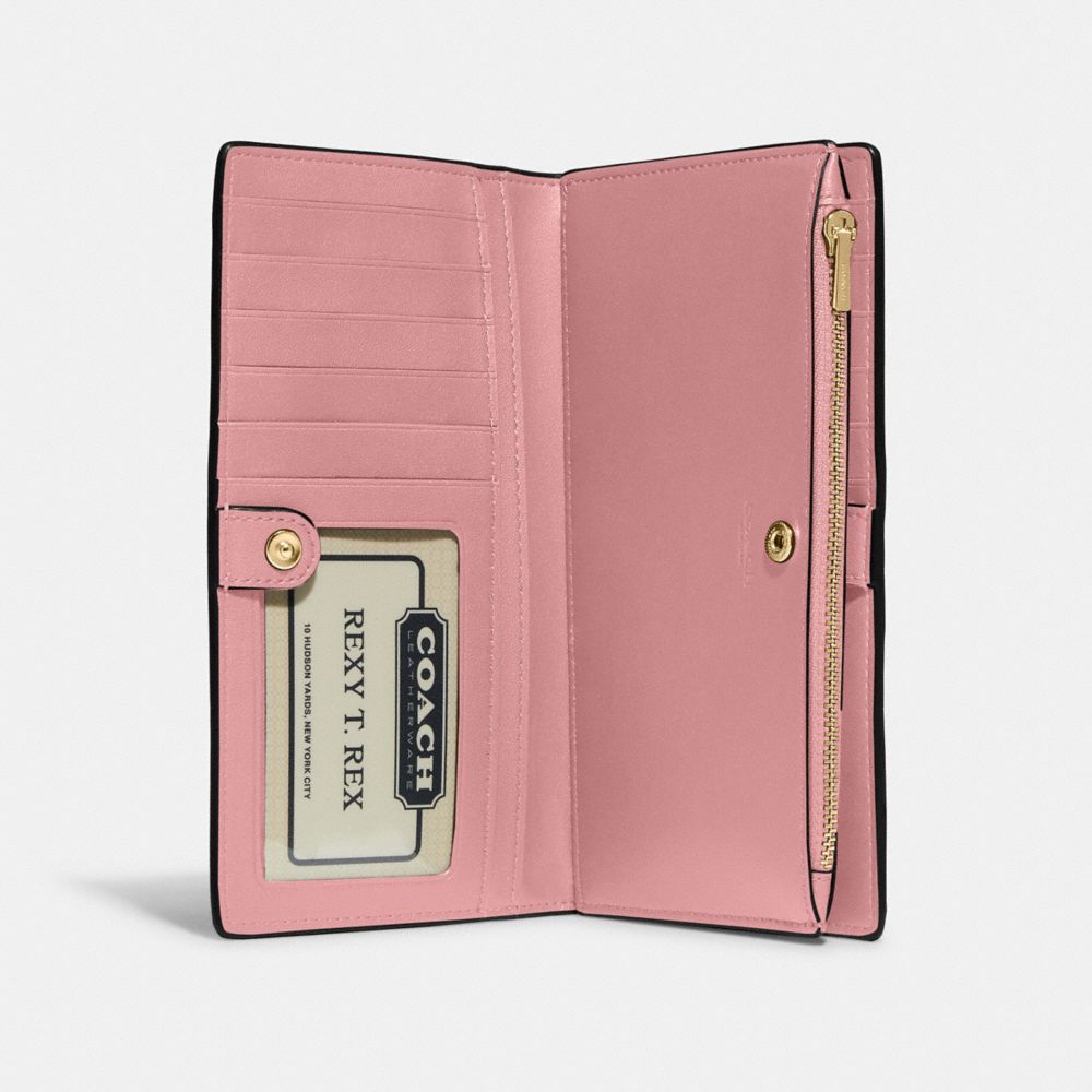 COACH®,SLIM ZIP WALLET,Pebbled Leather,Gold/Pink,Inside View,Top View