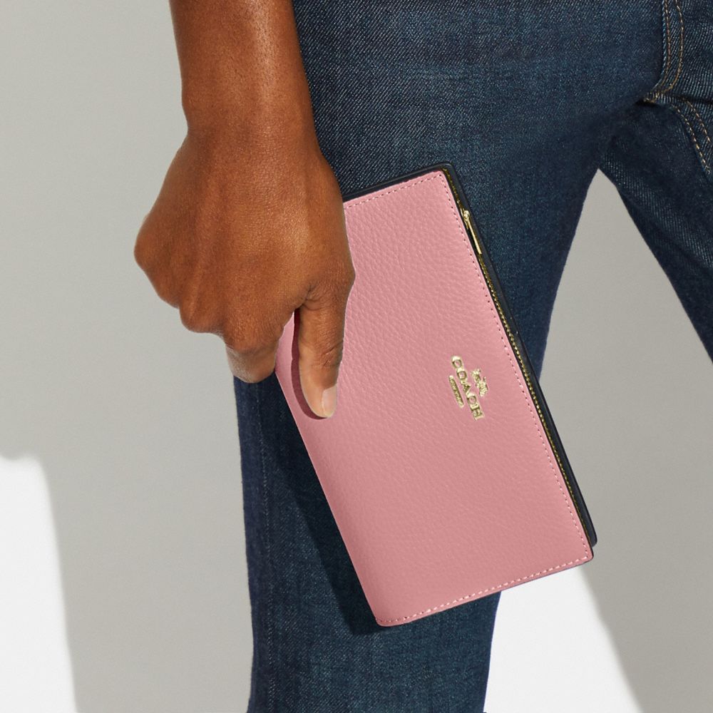COACH®,SLIM ZIP WALLET,Pebbled Leather,Gold/Pink,Detail View