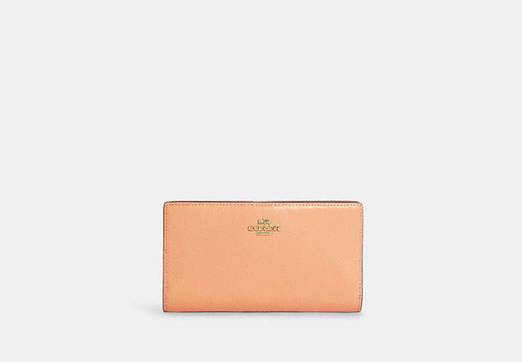COACH®,SLIM ZIP WALLET,Pebbled Leather,Gold/Faded Blush,Front View