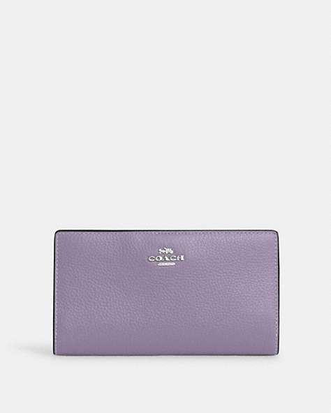COACH®,SLIM ZIP WALLET,Pebbled Leather,Silver/Light Violet,Front View
