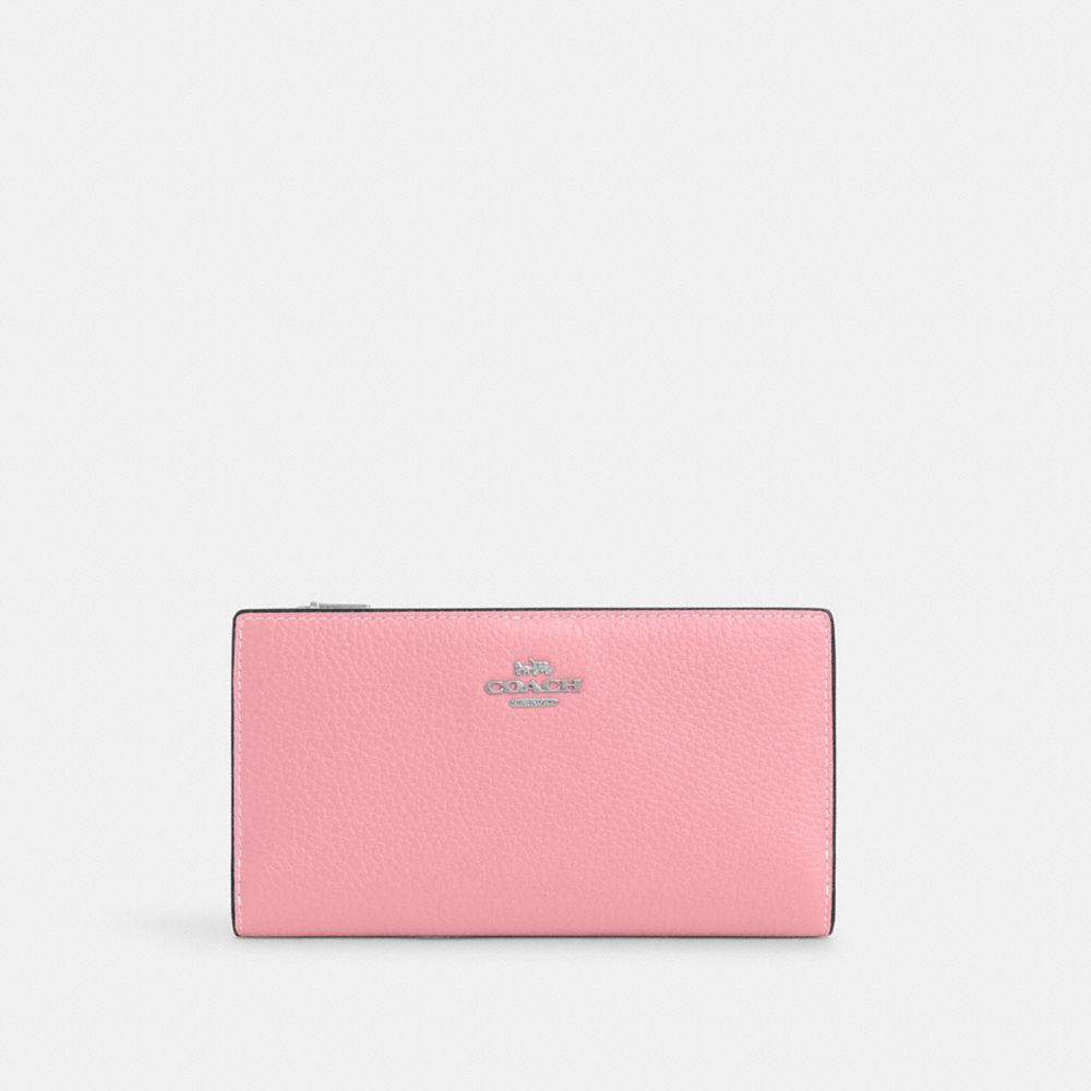 COACH®,PORTEFEUILLE À GLISSIÈRE ÉTROIT,Cuir galet,Argent/Rose fleur,Front View