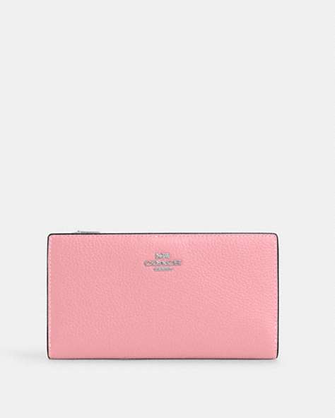 COACH®,SLIM ZIP WALLET,Pebbled Leather,Silver/Flower Pink,Front View