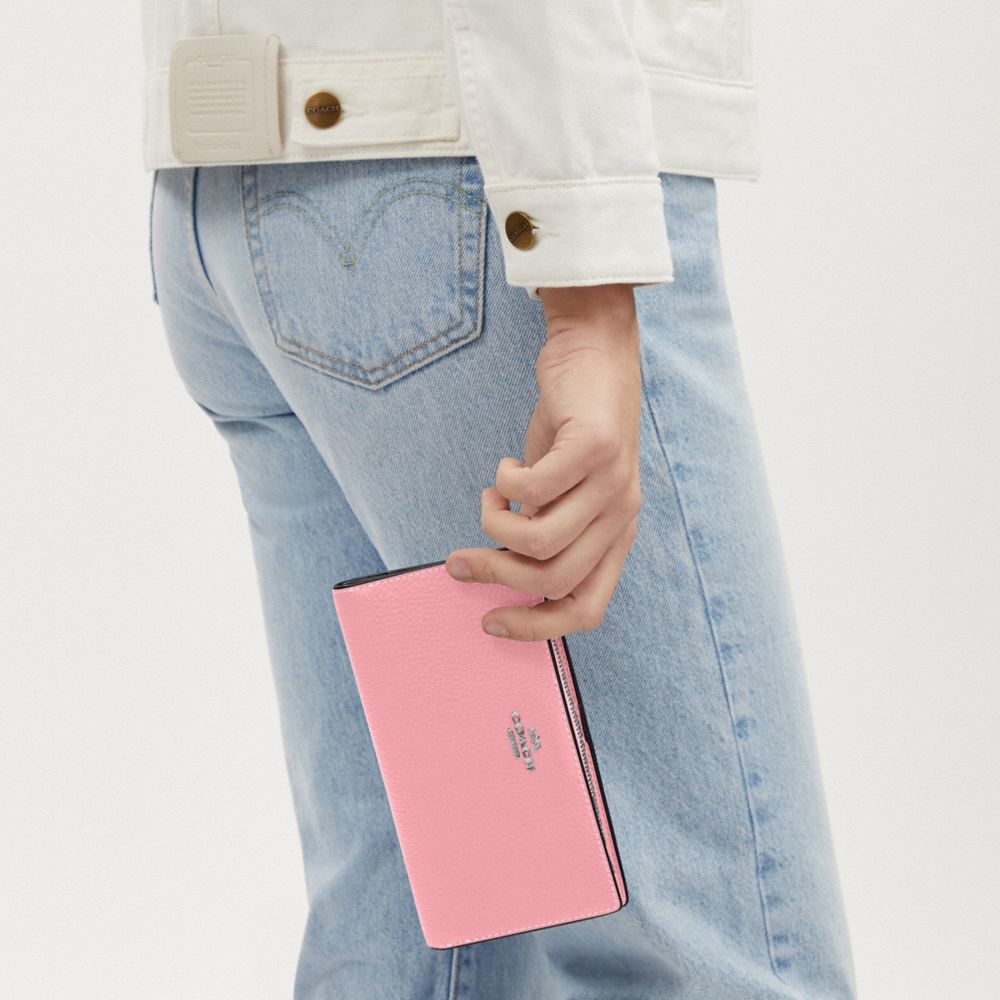 COACH®,SLIM ZIP WALLET,Pebbled Leather,Silver/Flower Pink,Detail View