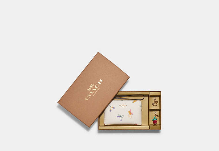 COACH®,BOXED CORNER ZIP WRISTLET WITH DREAMY VEGGIE PRINT,Logo PVC,Mini,Gold/Chalk Multi,Front View