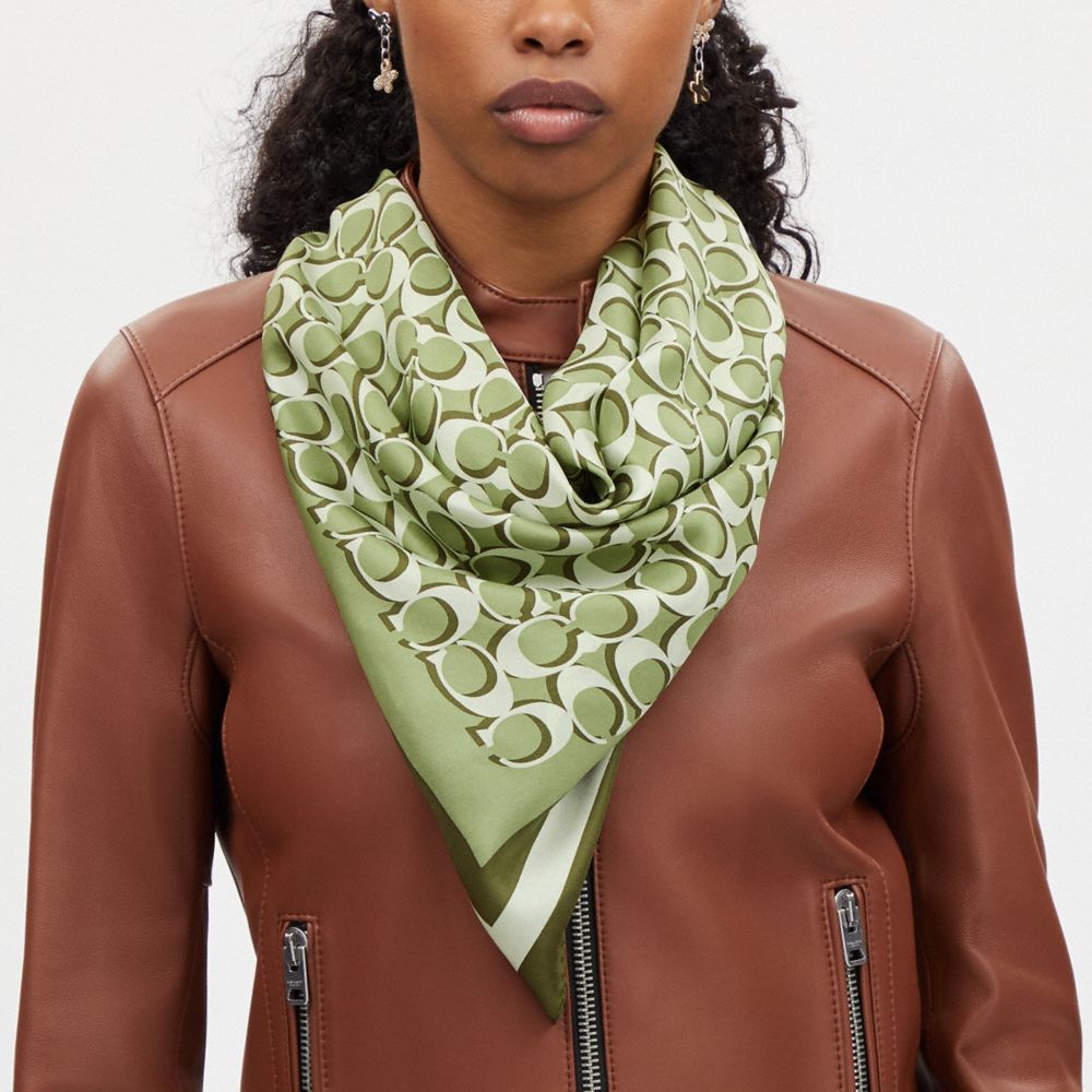 COACH®,SIGNATURE PRINT SILK SQUARE SCARF,Military Green,Detail View