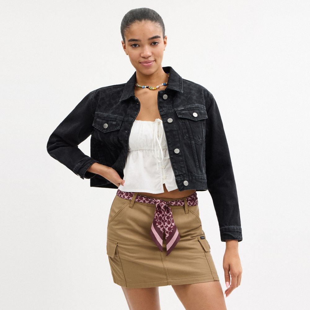 COACH®,Signature Print Silk Skinny Scarf,Silk,Neckerchief,Stripe,Logo,Casual,Maroon,Detail View