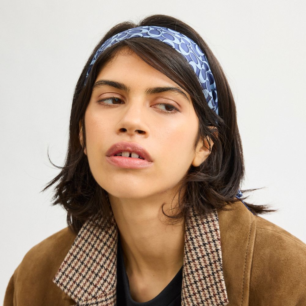 COACH®,Signature Print Silk Skinny Scarf,Silk,Neckerchief,Stripe,Logo,Casual,Multi Color,Detail View