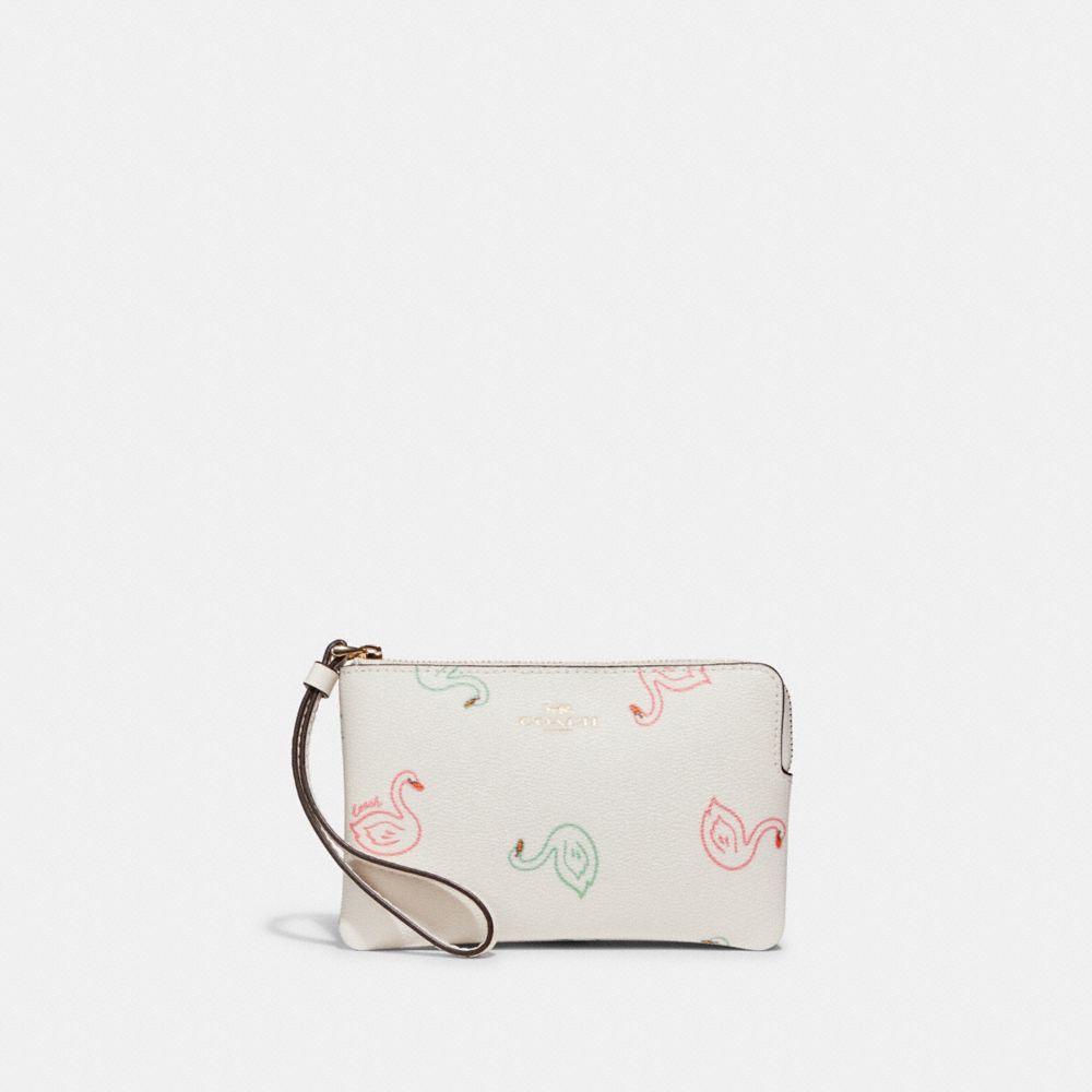 COACH®,Corner Zip Wristlet With Swan Print,,Front View