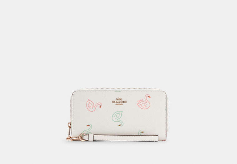 COACH®,LONG ZIP AROUND WALLET WITH SWAN PRINT,Leather,Mini,Gold/Chalk Multi,Front View