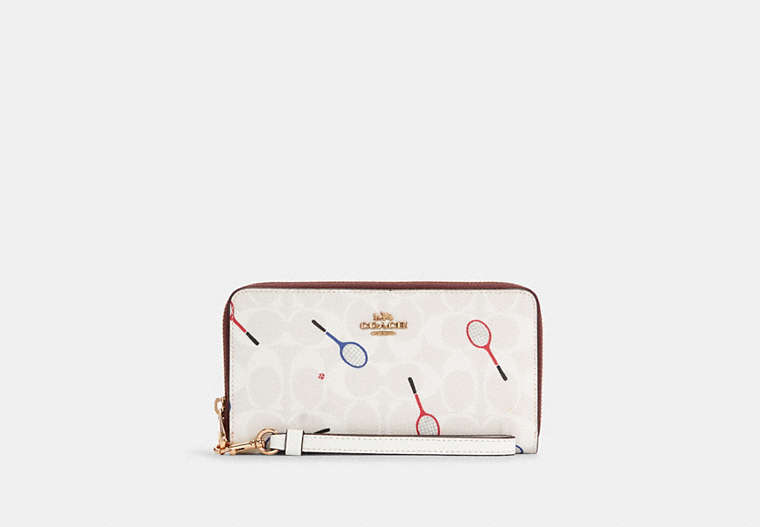 COACH®,LONG ZIP AROUND WALLET IN SIGNATURE CANVAS WITH RACQUET PRINT,Leather,Mini,Gold/Chalk Multi,Front View