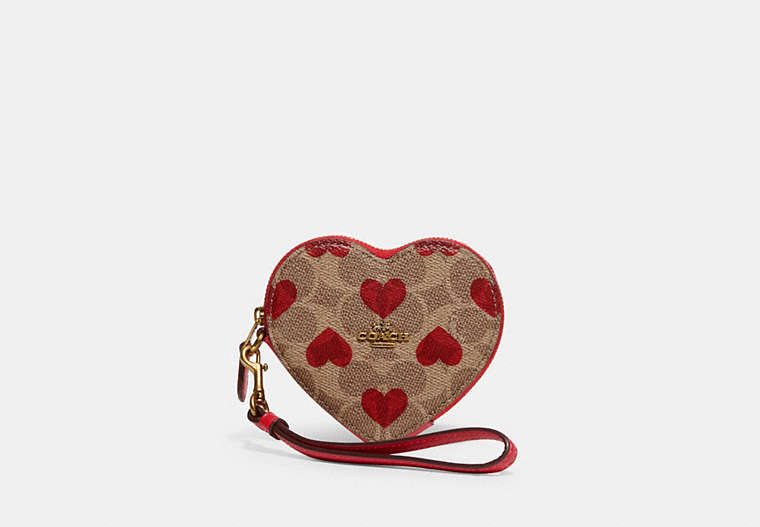 COACH®,HEART COIN CASE IN SIGNATURE CANVAS WITH HEART PRINT,Signature Coated Canvas/Smooth Leather,Mini,Brass/Tan Red Apple,Front View