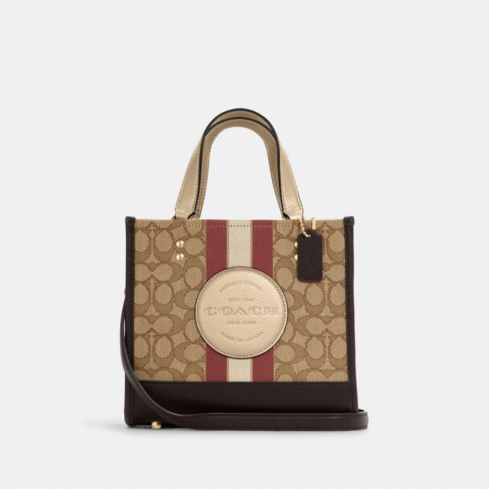 COACH®,DEMPSEY TOTE 22 IN SIGNATURE JACQUARD WITH STRIPE AND COACH PATCH,Small,Gold/Khaki/Vintage Mauve Multi,Front View