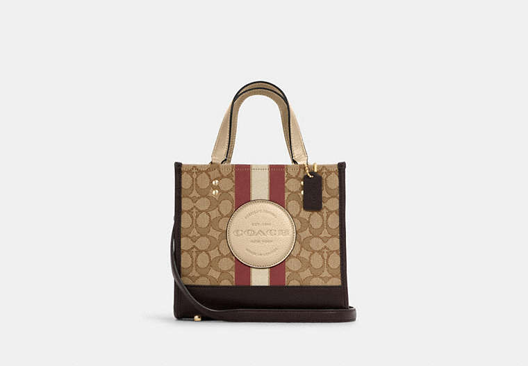COACH®,DEMPSEY TOTE 22 IN SIGNATURE JACQUARD WITH STRIPE AND COACH PATCH,Small,Gold/Khaki/Vintage Mauve Multi,Front View