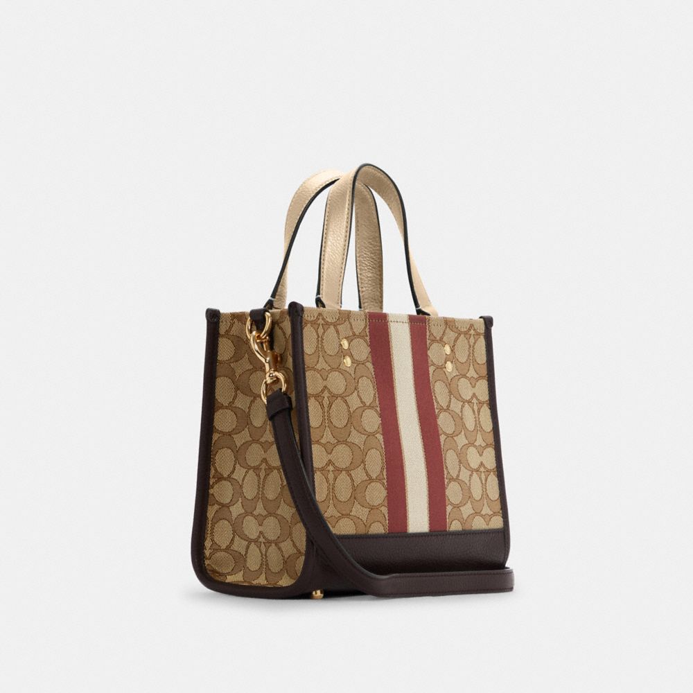 COACH®,DEMPSEY TOTE 22 IN SIGNATURE JACQUARD WITH STRIPE AND COACH PATCH,Small,Gold/Khaki/Vintage Mauve Multi,Angle View