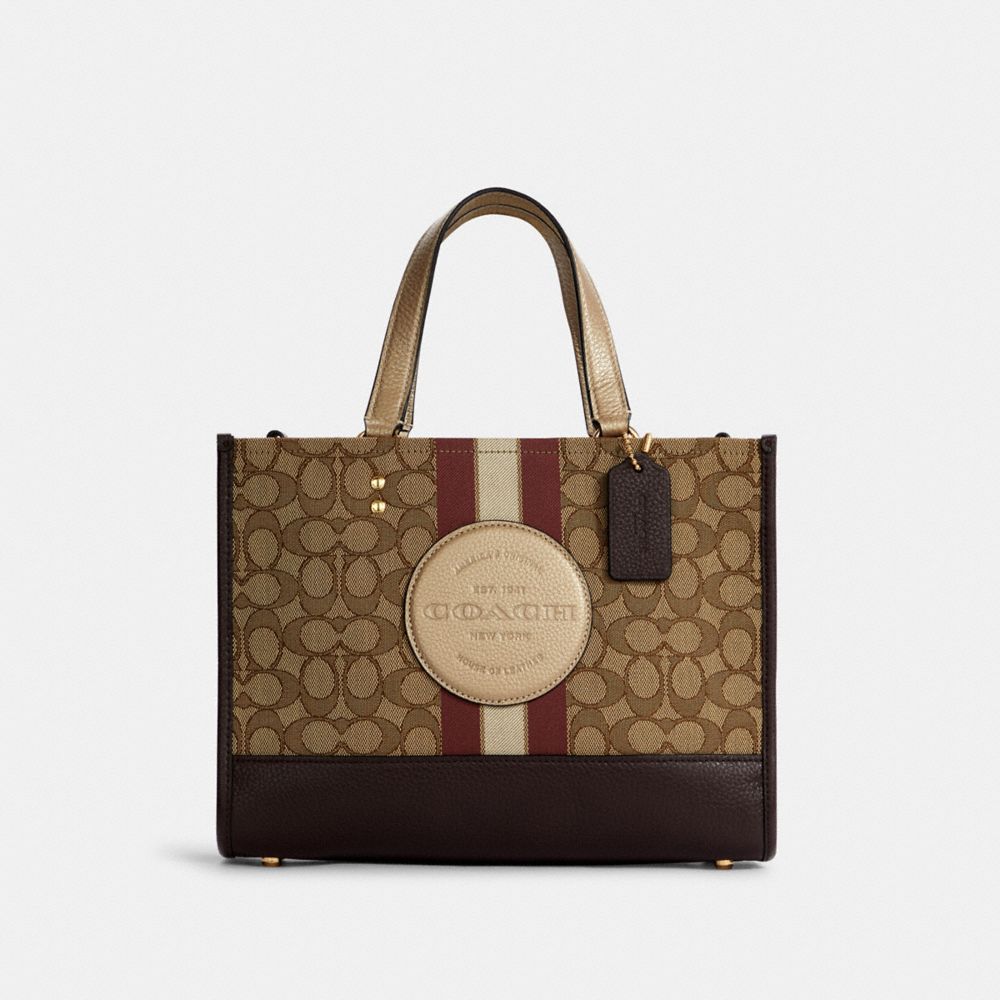 COACH®,DEMPSEY CARRYALL IN SIGNATURE JACQUARD WITH STRIPE AND COACH PATCH,Large,Gold/Khaki/Vintage Mauve Multi,Front View