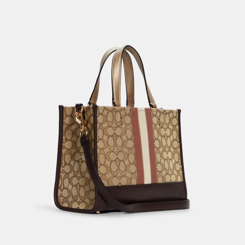 COACH®,DEMPSEY CARRYALL IN SIGNATURE JACQUARD WITH STRIPE AND COACH PATCH,Large,Gold/Khaki/Vintage Mauve Multi,Angle View