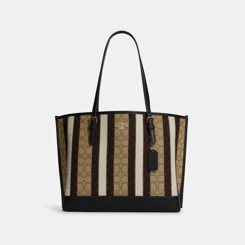 COACH®,MOLLIE TOTE BAG IN SIGNATURE JACQUARD WITH STRIPES,Large,Gold/Khaki Black Multi,Front View