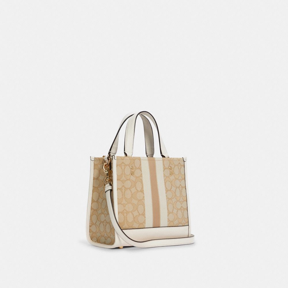 COACH®,DEMPSEY TOTE BAG IN SIGNATURE JACQUARD WITH STRIPE AND COACH PATCH,Medium,Anniversary,Gold/Light Khaki Chalk,Angle View