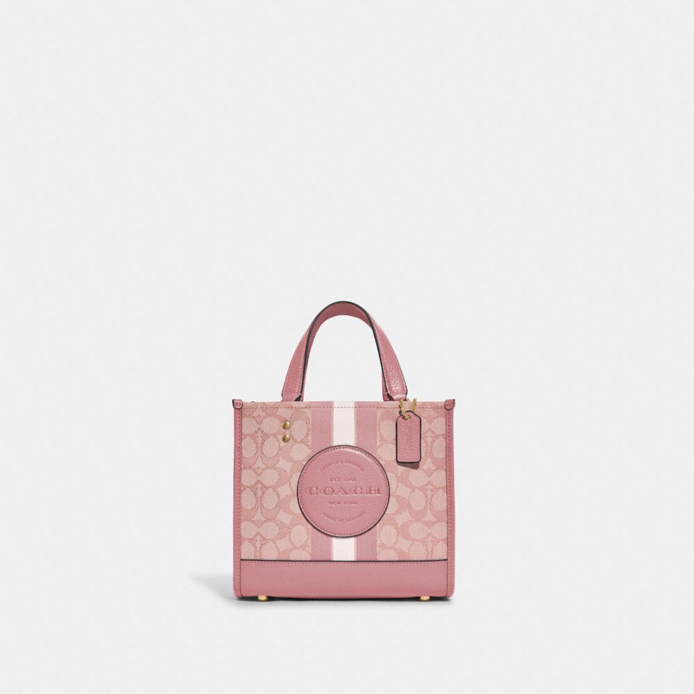 COACH®,DEMPSEY TOTE BAG IN SIGNATURE JACQUARD WITH STRIPE AND COACH PATCH,Medium,Anniversary,Gold/True Pink Multi,Front View