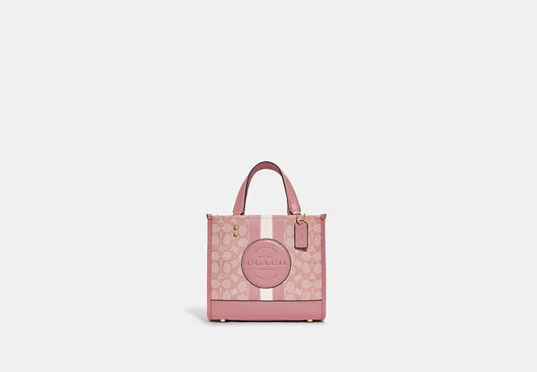 COACH®,DEMPSEY TOTE 22 IN SIGNATURE JACQUARD WITH STRIPE AND COACH PATCH,Jacquard,Medium,Anniversary,Gold/True Pink Multi,Front View