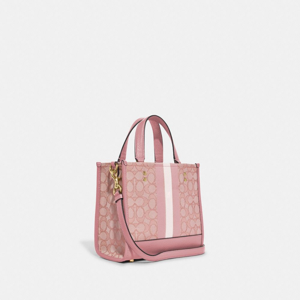 COACH®,DEMPSEY TOTE BAG IN SIGNATURE JACQUARD WITH STRIPE AND COACH PATCH,Medium,Anniversary,Gold/True Pink Multi,Angle View